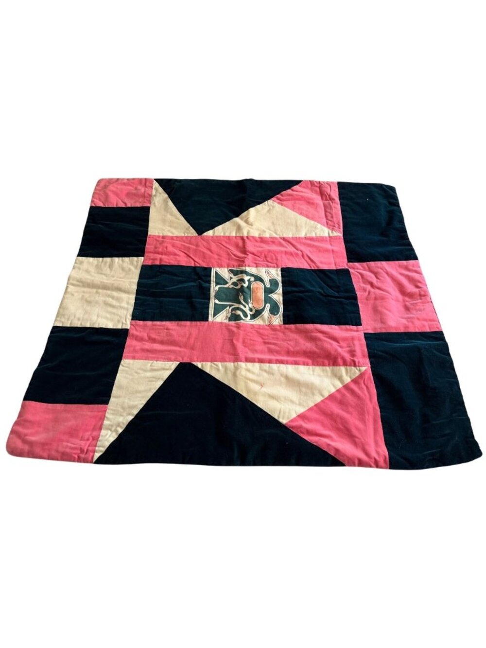Handmade Vintage Velvet Pink Navy White Duck Quilt Satin Back Blanket 32x38"